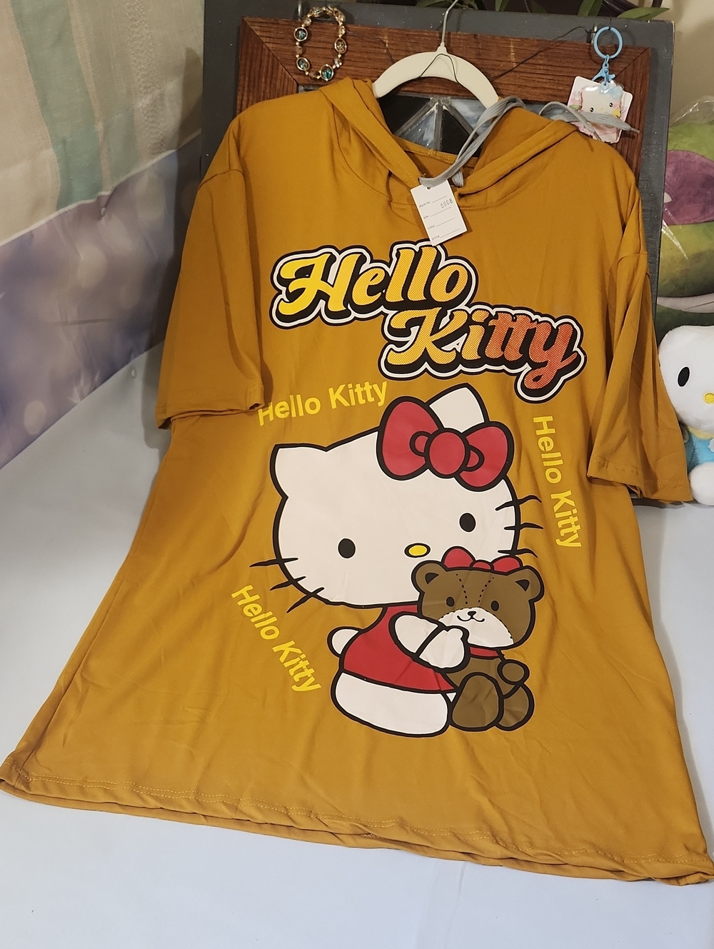 Hello Kitty Women's Mustard Yellow Hoodie with White Drawstrings